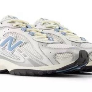 New Balance 204L Sneakers in White, Metallic Silver, and Light Blue